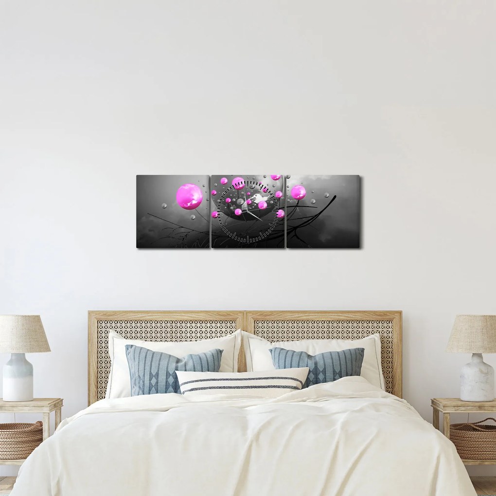 Obraz różowych kul (z zegarem) (90x30 cm)