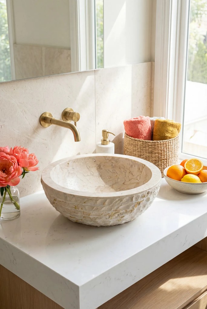 Kremowa okrągła umywalka nablatowa z kremowego marmuru F6-C91