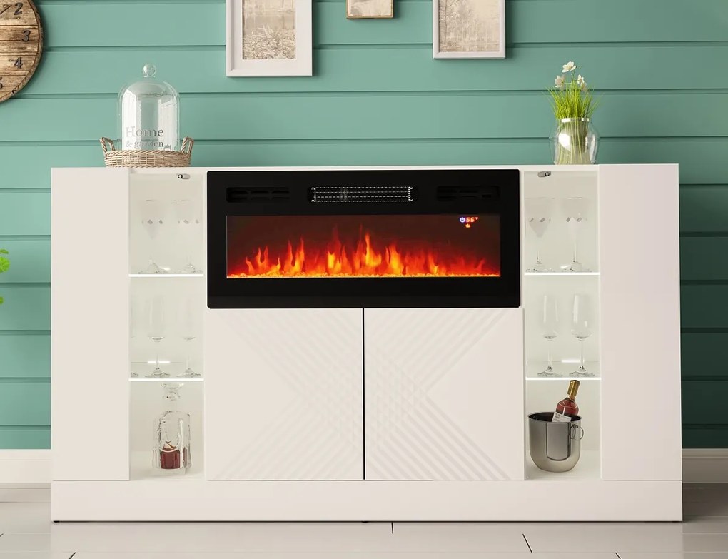 Biała komoda z kominkiem elektrycznym i oświetleniem Diuna 1