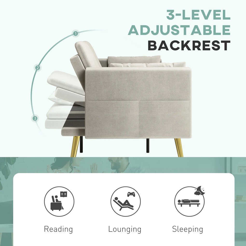 HOMCOM 2-osobowa sofa do spania, regulowane oparcie, miękkie poduszki, pokrycie w wyglądzie aksamitu, do salonu, pokoju gościnnego, Beżowy | Aosom PL