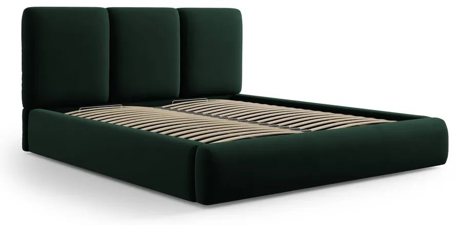 Ciemnozielone aksamitne tapicerowane łóżko dwuosobowe ze schowkiem i stelażem 160x200 cm Brody – Mazzini Beds