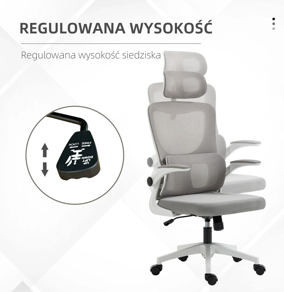 Vinsetto Fotel biurowy szary regulowana wysokość odchylane oparcie zagłówek do 120 kg ergonomiczny | Aosom PL