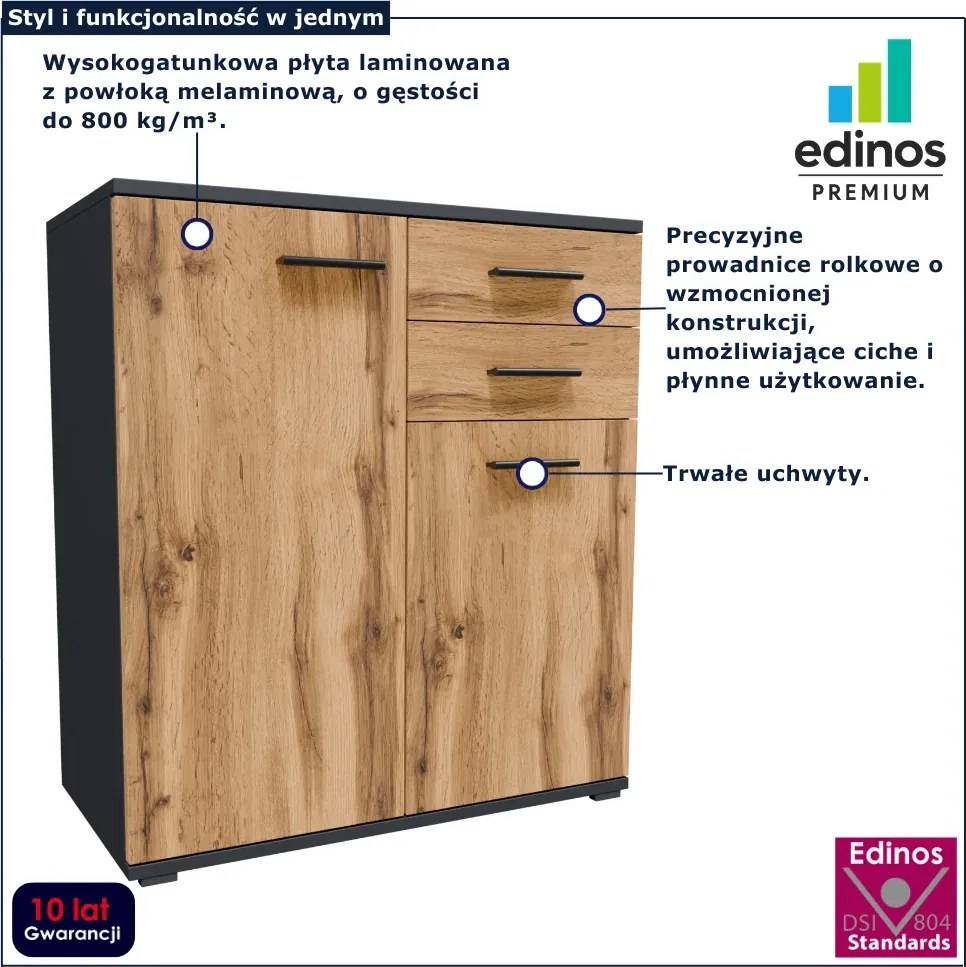 Komoda nowoczesna z 2 szufladami i półkami grafit + dąb wotan G5-N44