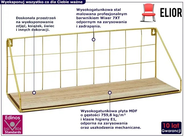 Złota metalowa półka ścienna na książki - Erna