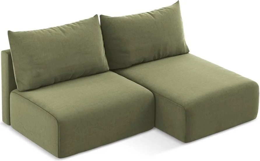 Zielony aksamitny rozkładany narożnik ze schowkiem (prawostronny/z szezlongiem) Kalena – Makamii