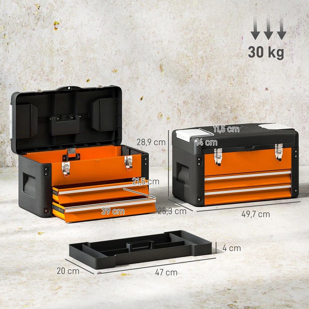 HOMCOM Pusta Skrzynka na Narzędzia, 49,7 x 25,3 x 28,9 cm, Skrzynka z Szufladą i Mini-Skrzyneczką, Stal Pomarańczowa