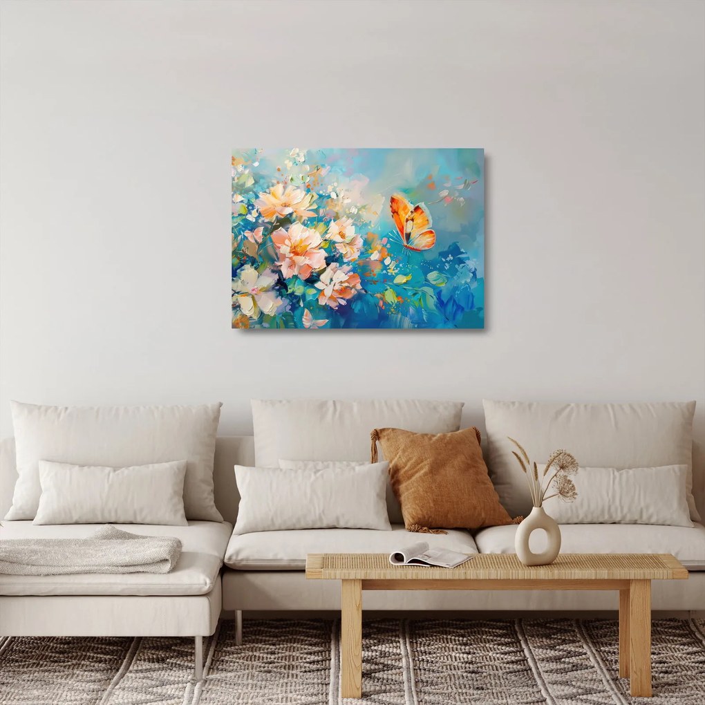 Obraz na szkle - Motyl i kwiaty, obraz olejny II. (70x50 cm)