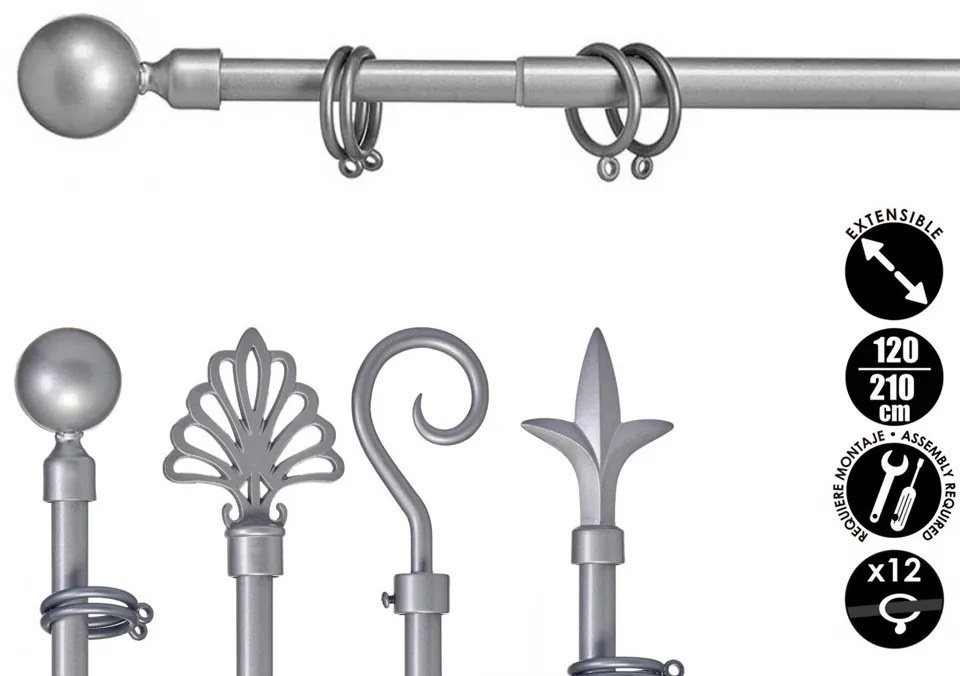 Szary metalowy karnisz VALANCE GLOBE 120-210 cm