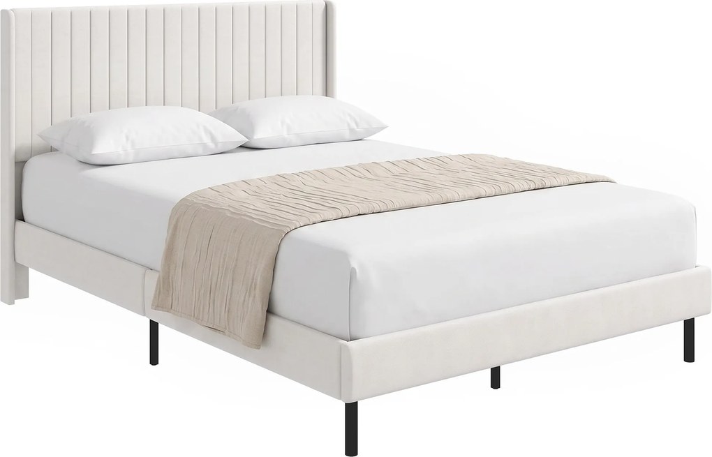 HOMCOM Rama łóżka 140 x 200 cm z regulowanym wezgłowiem, łóżko tapicerowane z 12 listwami, beżowe | Aosom PL