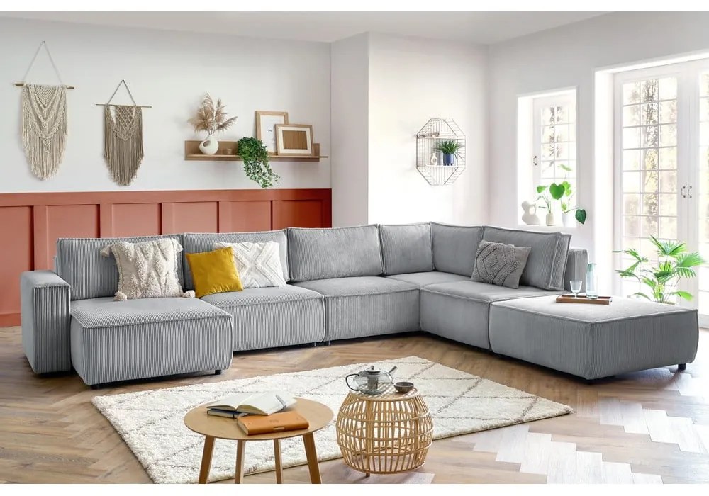 Jasnoszary sztruksowy narożnik (prawostronny/w kształcie litery U) Nihad modular – Bobochic Paris