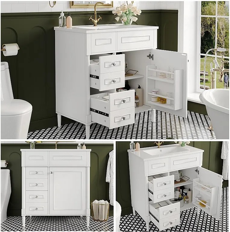 Nowoczesna wolnostojąca szafka pod umywalkę - 76,5 x 46,5 x 84 cm - z umywalką + 2 szufladami + drzwiami - Ceramika + MDF - biała