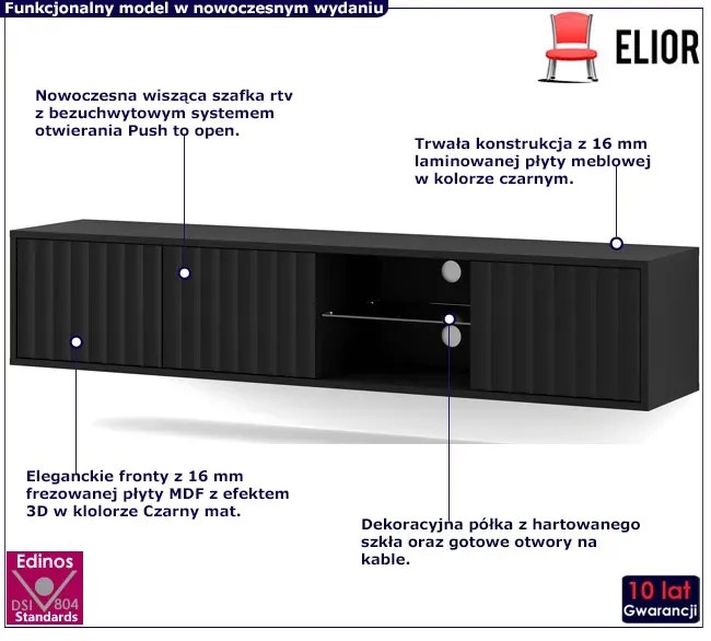 Frezowana czarna wisząca szafka pod tv P6-S73