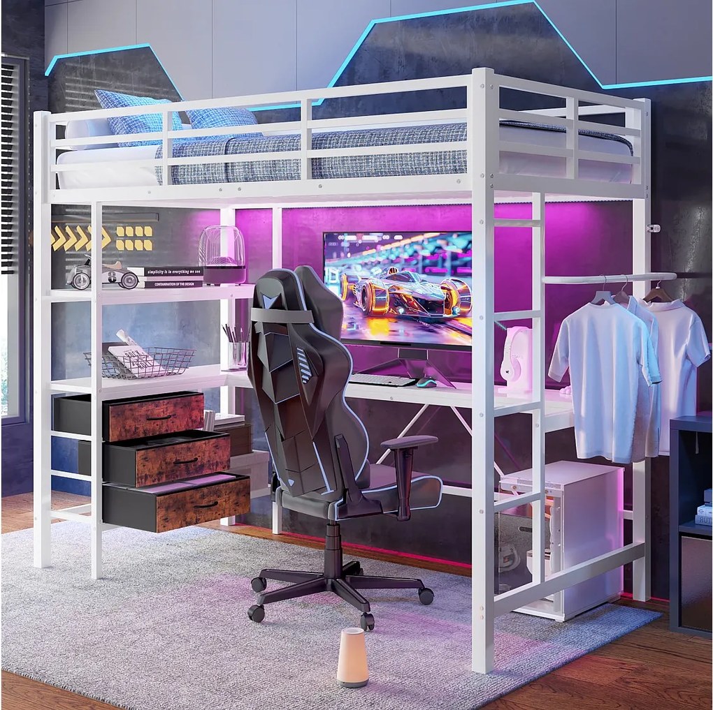 Łóżko piętrowe 90 x 200 cm – z oświetleniem LED, 3 szufladami i portem USB – białe – materac nie jest wliczony w cenę