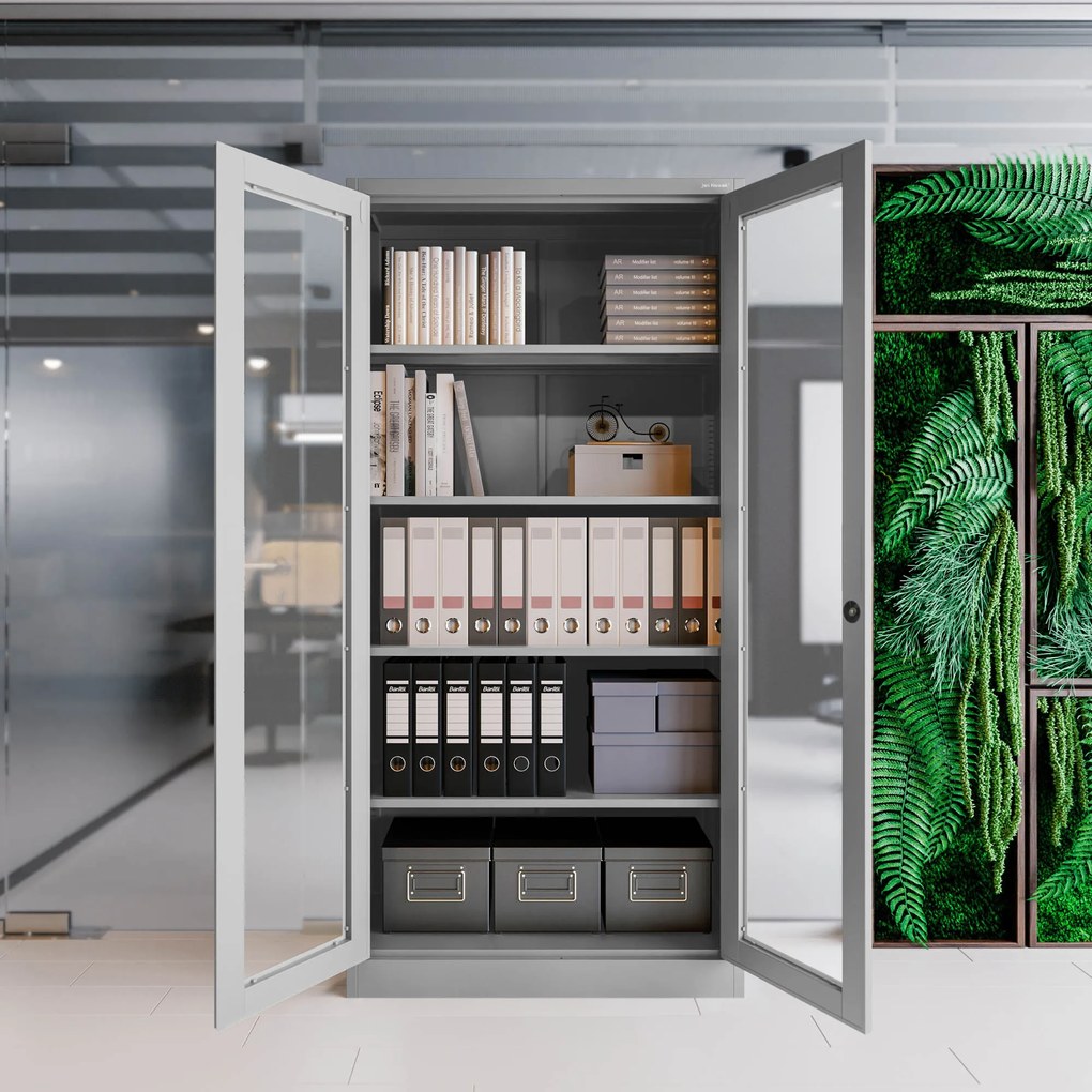 Szafa ze szklanymi drzwiami z szybami AMELIA, 900 x 1850 x 400 mm, szara