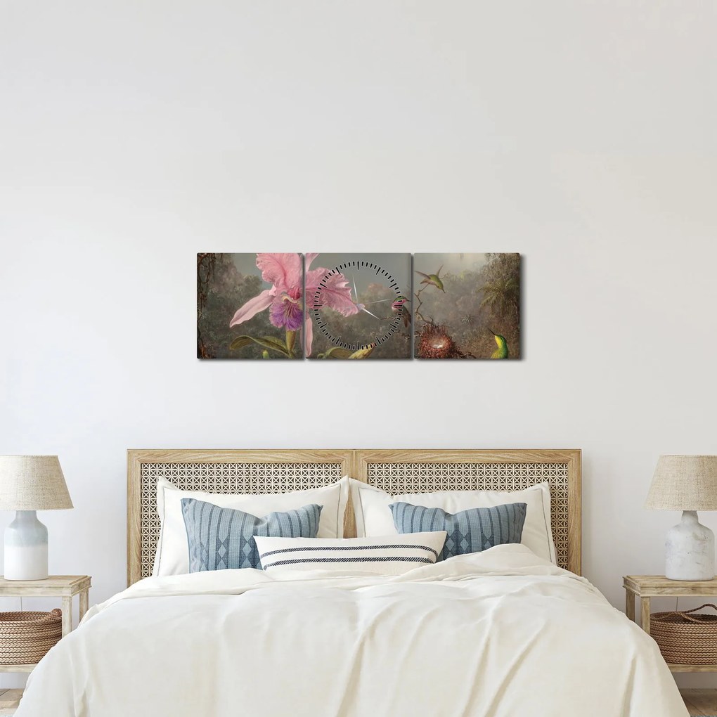 Obraz - Martin Johnson Heade, Cattleya Orchid and Three Hummingbirds, reprodukcje (z zegarem) (90x30 cm)