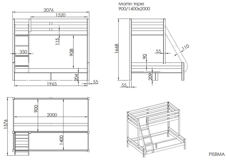 Szare piętrowe łóżko dziecięce 140x200/90x200 cm Pino – Vipack