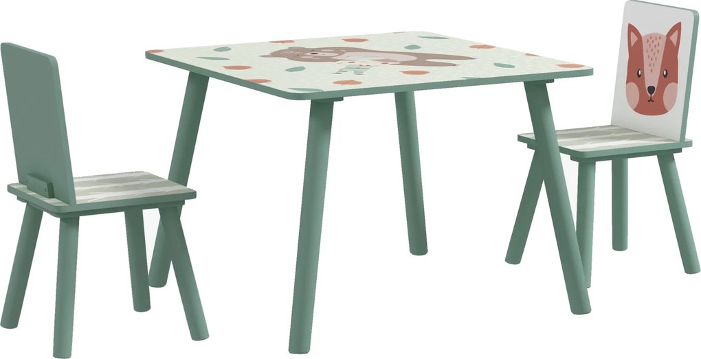 ZONEKIZ Zestaw Mebli dla Dzieci 3-8 Lat, 1 Stół & 2 Krzesła, Uroczy Motyw Zwierzęcy, Zielony