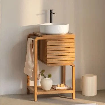 Zestaw Mebli Łazienkowych Z Drewna Tekowego Bradley Okrągły Ceramiczny Biały Ø40 Cm Lenka & Bezlusterkowiec & Czarny Matowy ↑30 Cm Z Zaworem Spustowym