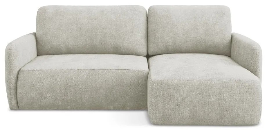 Kremowy narożnik rozkładany z tkaniny szenilowej ze schowkiem (prawostronny/z szezlongiem) Lilo – Makamii