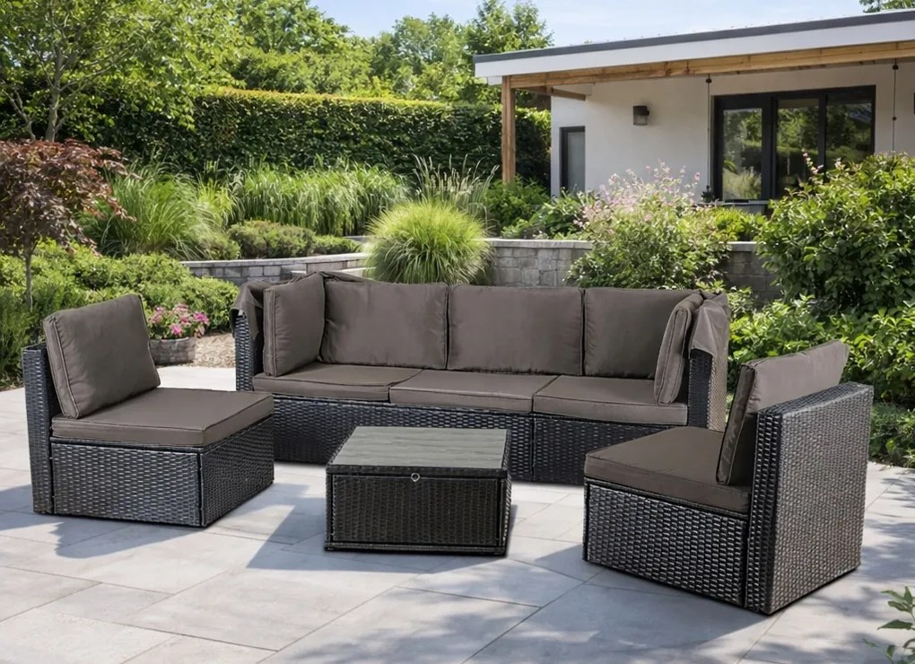 Zestaw mebli ogrodowych Verano 2w1 z daszkiem, czarny technorattan, poduszki brąz