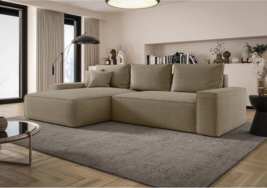 NAROŻNIK MONA z funkcją spania QUELLE 18 Jasny brąz Lewy Sofa w kształcie L z pojemnikiem na pościel, sofa rozkładana, sofa do salonu