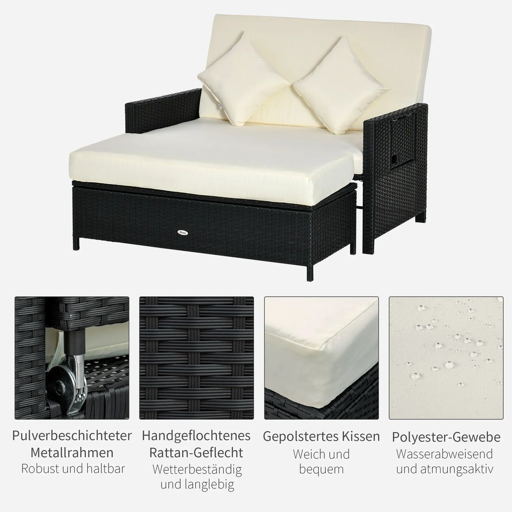 Outsunny Sofa ogrodowa z technorattanu Funkcja leżanki 2osobowa Podnóżek Brązowa z poduszkami | Aosom PL