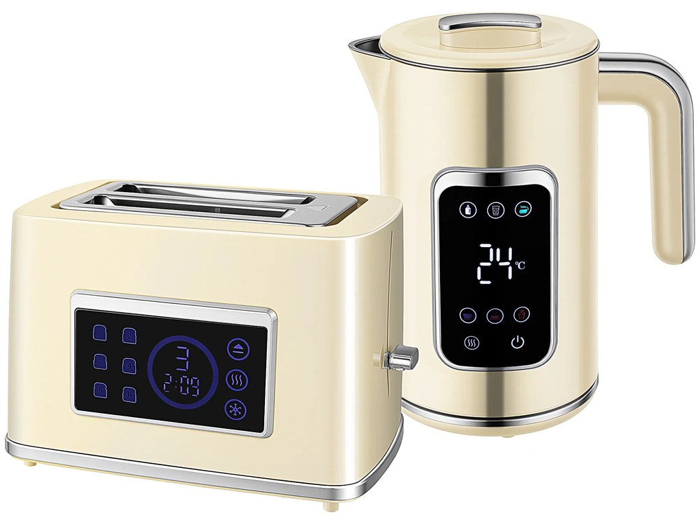 HOMCOM Zestaw czajnik i toster z dotykowym ekranem LED, 1,7 L, 2 szczeliny tostera, różne tryby i funkcje, kremowo-biały