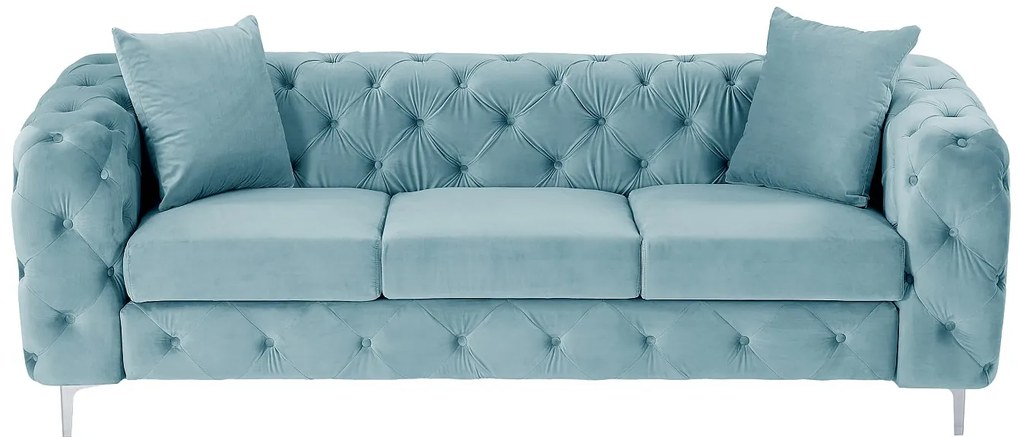 Kanapa 3-osobowa chesterfield z jasnoniebieskiego weluru - EDWINA