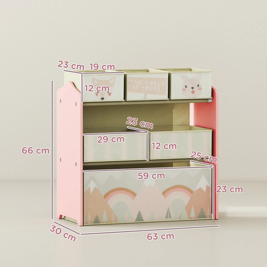 ZONEKIZ Regał dziecięcy z 6 pojemnikami tkaninowymi, uroczy design, 63×30×66 cm, różowy