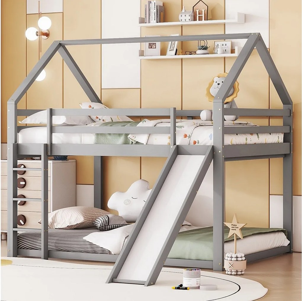Łóżko piętrowe z slajdem - 140x200 cm - sosna sosna + MDF - łóżko dla dzieci - białe