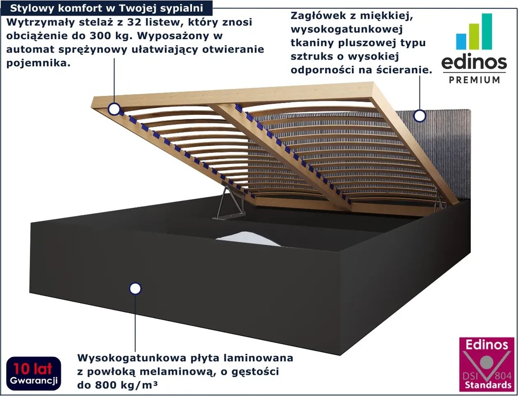 Czarne łóżko z pojemnikiem i tapicerowanym zagłówkiem 160x200 E0-D12