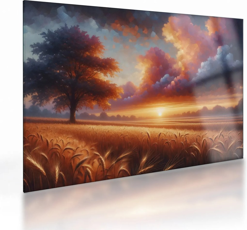 Obraz na szkle – Zachód słońca na polu (70x50 cm)