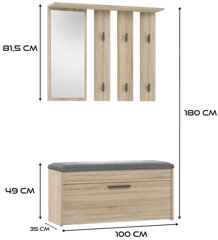 Wieszak ścienny z szafką na buty do przedpokoju dąb sonoma A6-T00