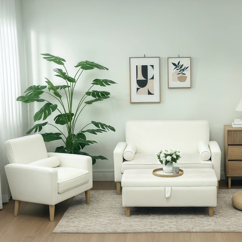 HOMCOM Puf z funkcją przechowywania, drewniane nogi, miękki materiał, Kremowy