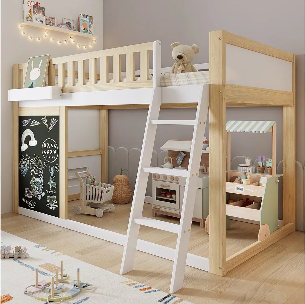 Łóżko piętrowe dla dzieci - 90 x 200 cm - z tablicą malarską + barierką zabezpieczającą - sosna + MDF - białe + naturalne
