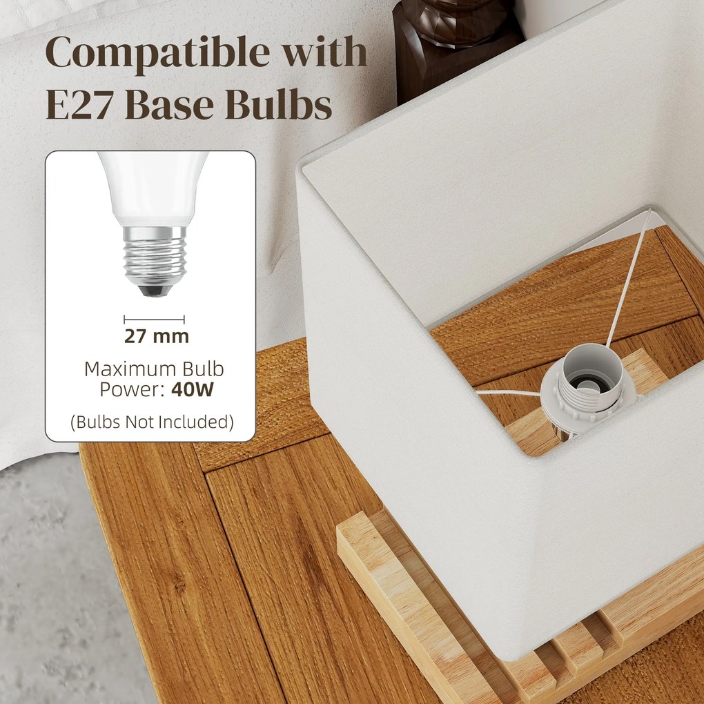 HOMCOM Lampka nocna, złącza USB, drewno, tkanina, przełącznik kołyskowy, przegródki, biały