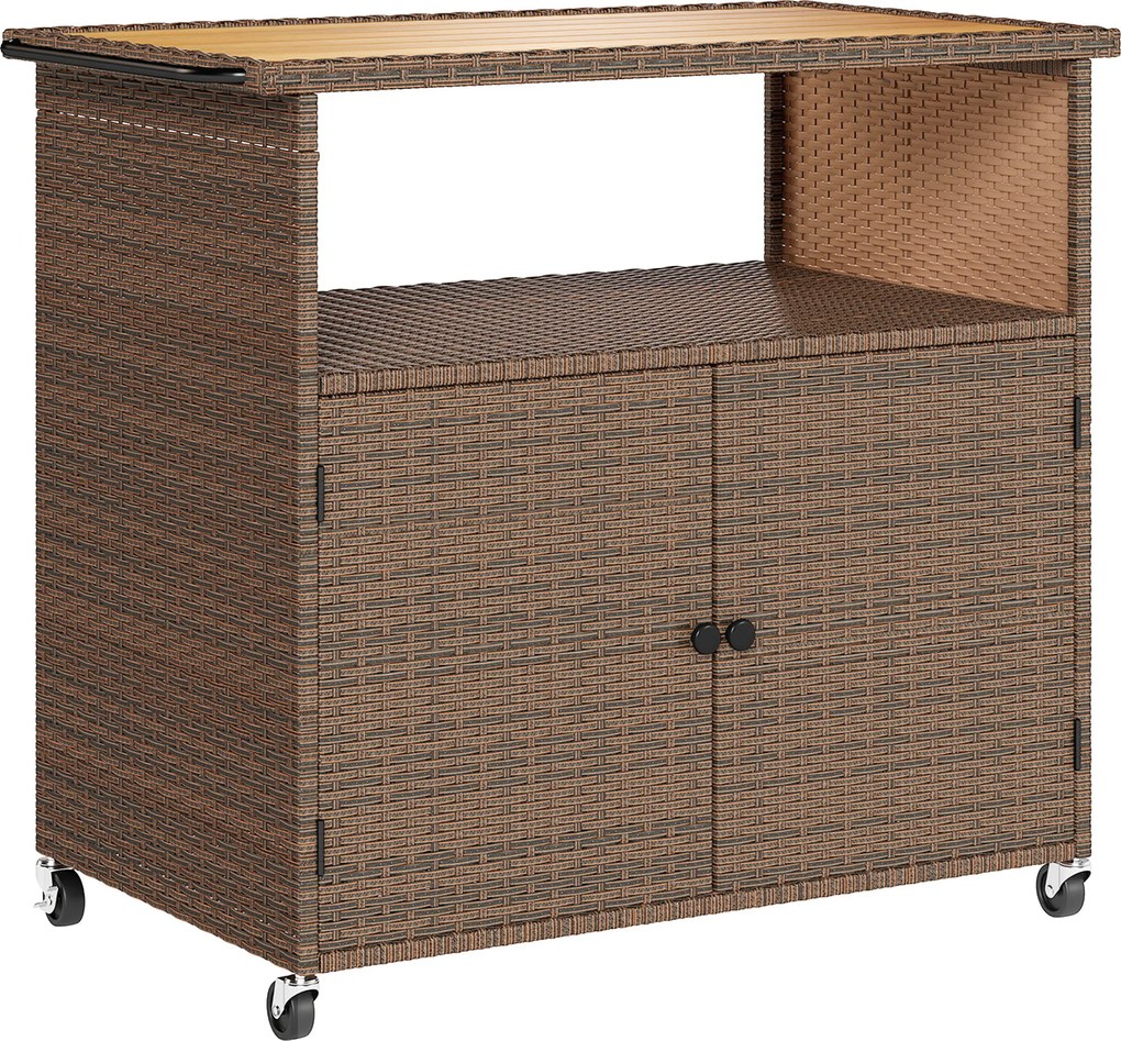 Outsunny Wózek serwisowy Rattanowy wózek kuchenny z FSC certyfikowaną powierzchnią eukaliptusową, półką, kółkami i uchwytem bocznym 95 x 54 x 84 cm | Aosom PL