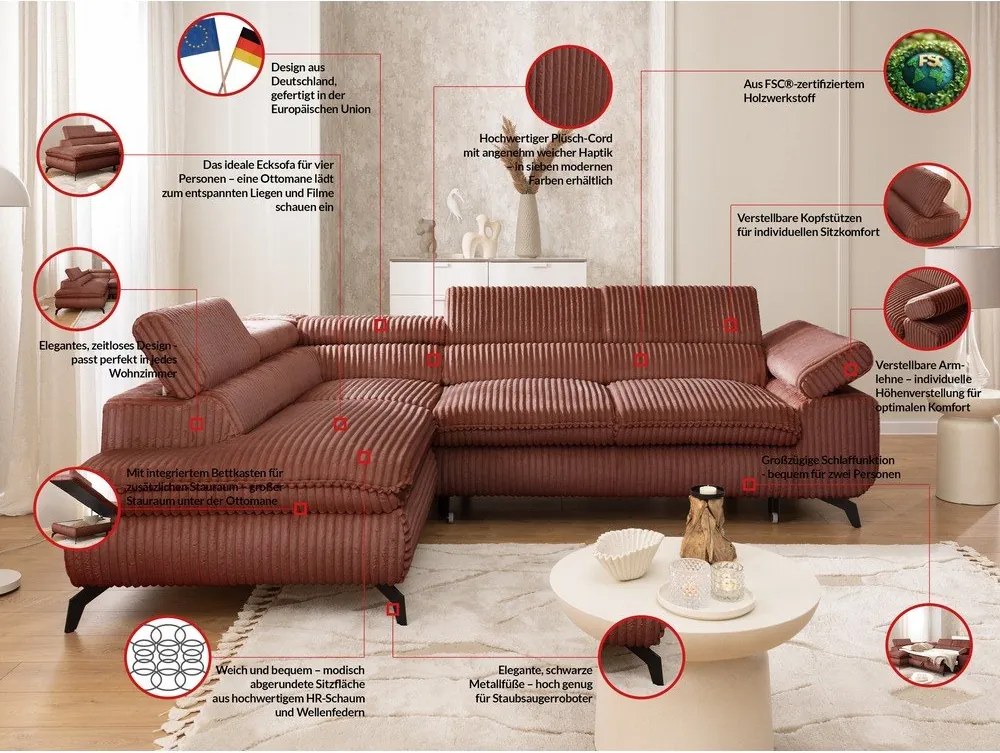 Sztruksowy narożnik w kolorze terakoty (lewostronny/w kształcie litery L) Marbeya – Ropez