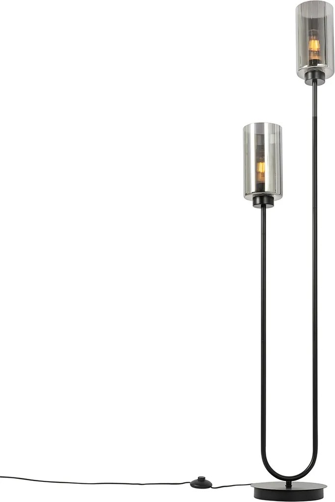 Lampa podłogowa art deco czarna z przydymionym szkłem 2-światła - Laura