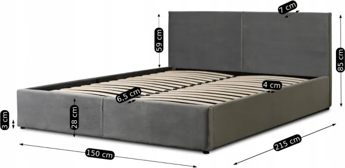Łóżko Tapicerowane 140x200 cm MONICA ze Stelażem i Pojemnikiem Dwuosobowe Welurowe Szare