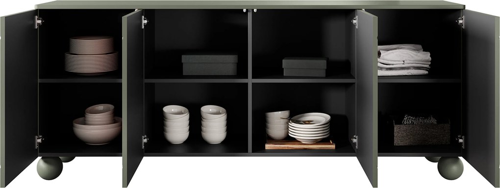 Komoda Sonatia II 200 cm czterodrzwiowa - oliwka / nogi kule