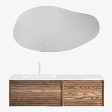 Zestaw Wiszących Mebli Łazienkowych 140x50 Cm Z Drewna Zintegrowany Z Umywalką Solea Popielaty Brąz & Biała ↑20 Cm Z Przelewowym Zaworem Spustowym Orv