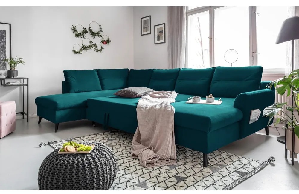 Turkusowa aksamitna rozkładana sofa w kształcie litery "U" Miuform Stylish Stan, lewostronna