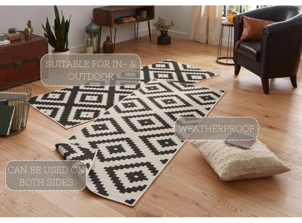 Czarno-kremowy chodnik dwustronny odpowiedni na zewnątrz NORTHRUGS Malta, 80x345 cm