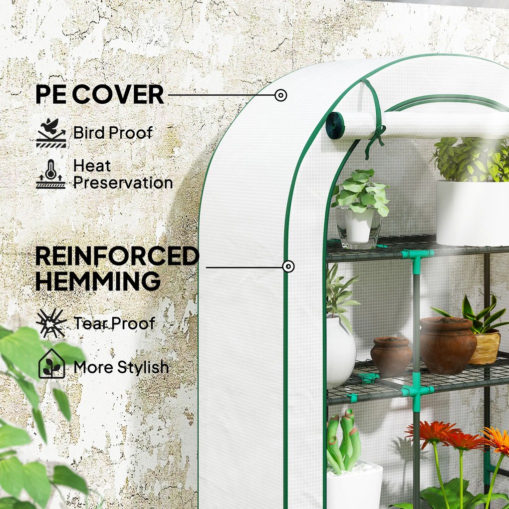 Outsunny Mini-szklarnia, 4-poziomowa szklarnia z folią plastikową, przenośna, z rolowanymi drzwiami, 100 x 45 x 160 cm, biała
