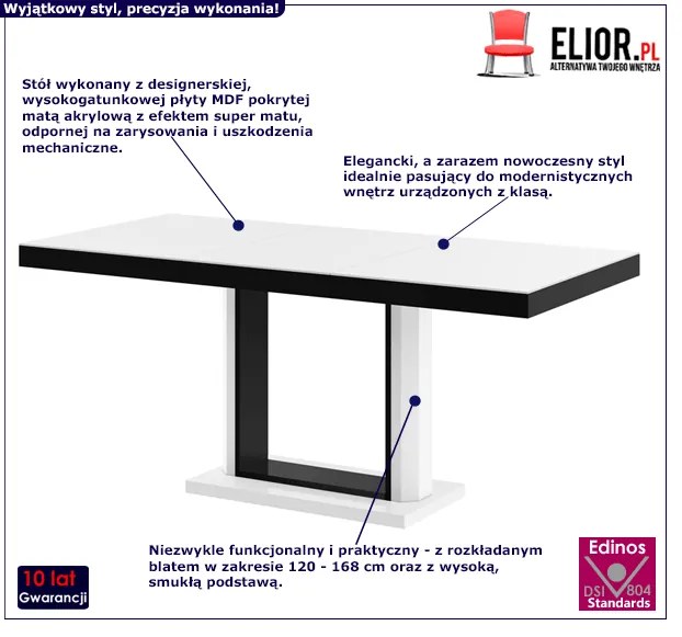 Rozkładany stół matowy biało czarny Ofdox 16X