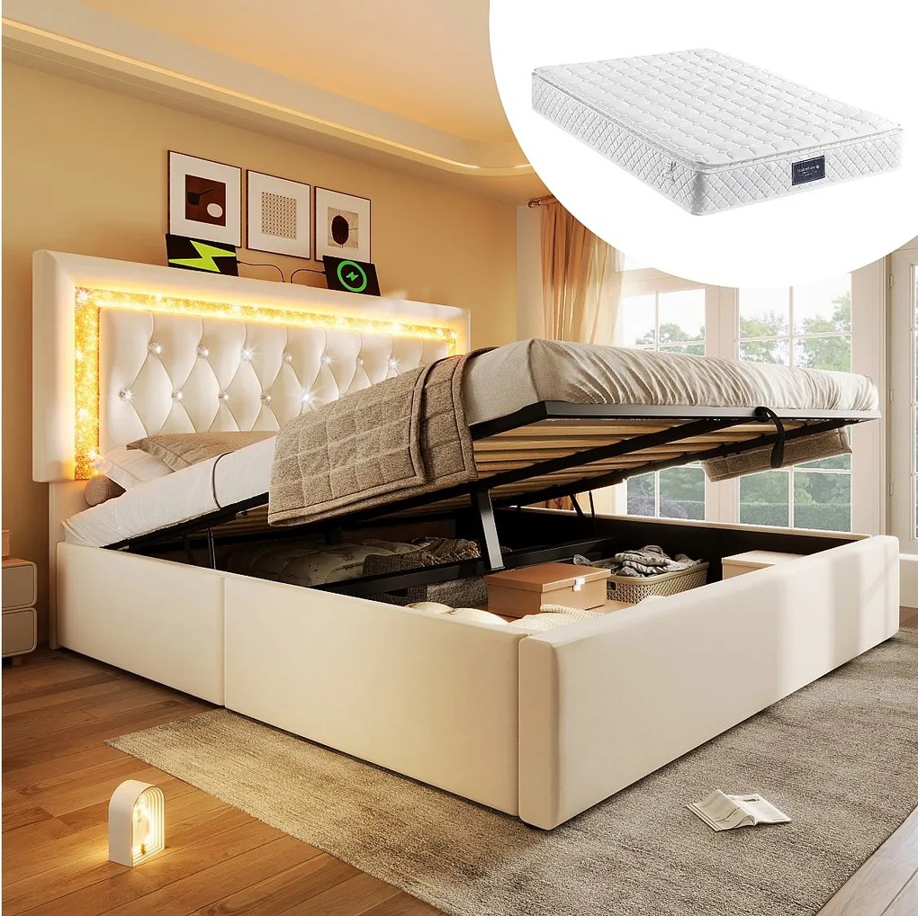 Łóżko tapicerowane dwuosobowe ze schowkiem - 140 x 200 cm - zagłówek z diodami LED + USB i Type-C - hydrauliczny schowek - welur - beżowe (z materacem)