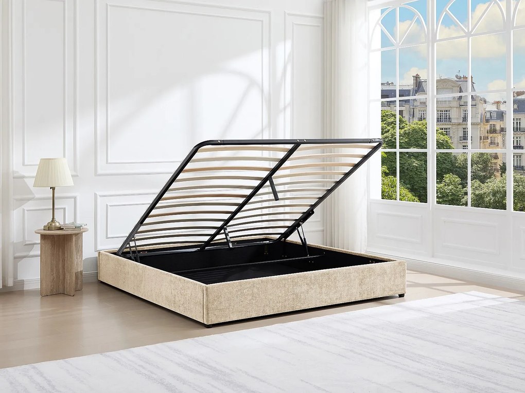 Łóżko ze skrzynią 160 x 200 cm z tkaniny teksturowanej - Beżowe - FIRMEO od YSMÉE