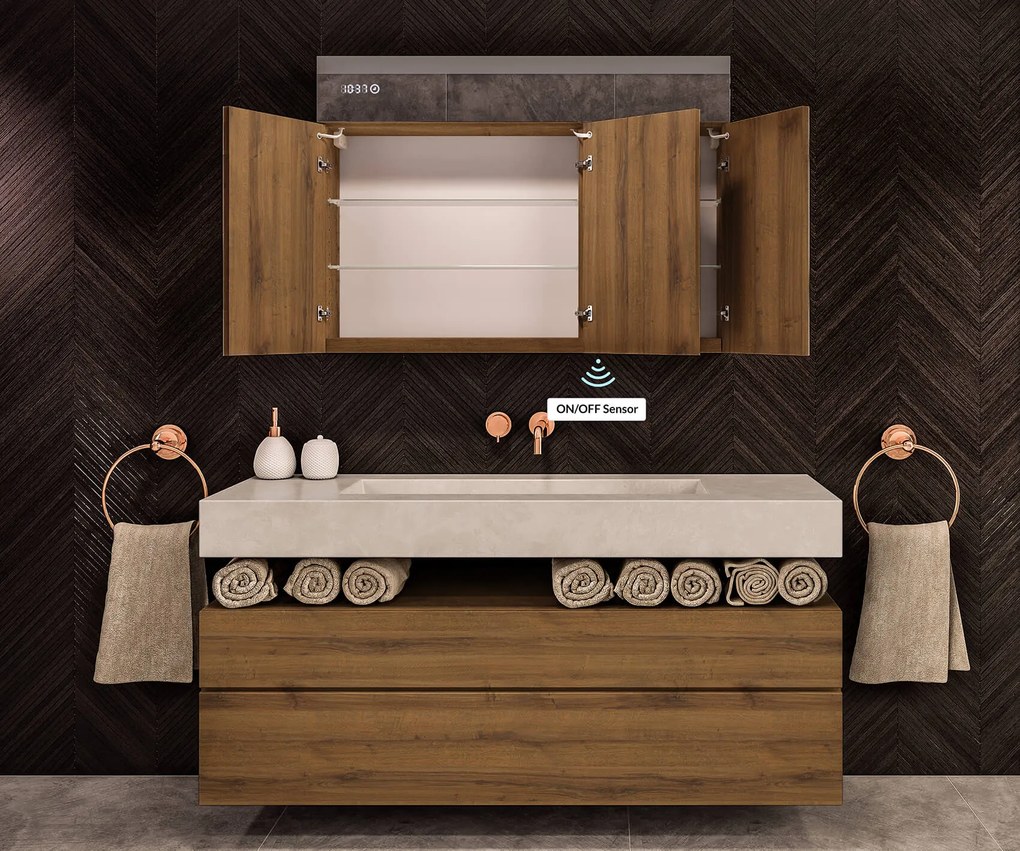 Szafka podświetlana z lustrem LED model Emily L02 - 100 x 72 cm, łazienkowa szafka o nowoczesnym designie z konfiguracją włącznika podświetlenia, w kolorze Dąb Pradawny