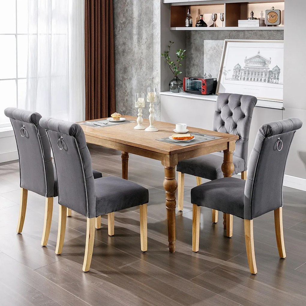 Zestaw 4 aksamitnych krzeseł z dębowymi nogami – szary